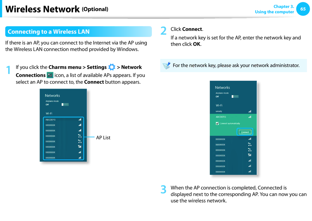 Samsung NP905S3G-K03TR, NP470R5E-X01DE manual Connecting to a Wireless LAN, If you click the Charms menu Settings Network 