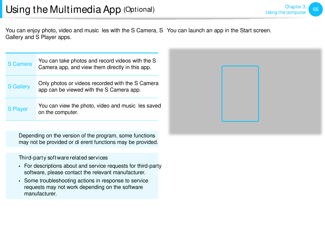 Samsung NP915S3G-K01AT, NP470R5E-X01DE, NP470R5E-X01PT, NP550P7C-S0EDE, NP550P7C-S0CDE manual Using the Multimedia App Optional 