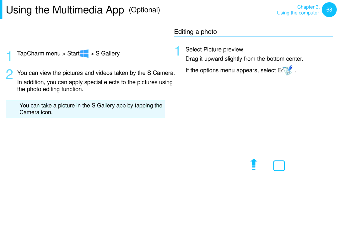 Samsung NP940X3G-K04AT Using the S Gallery app, Editing a photo, Tap Charm menu Start Gallery, Select Picture preview 