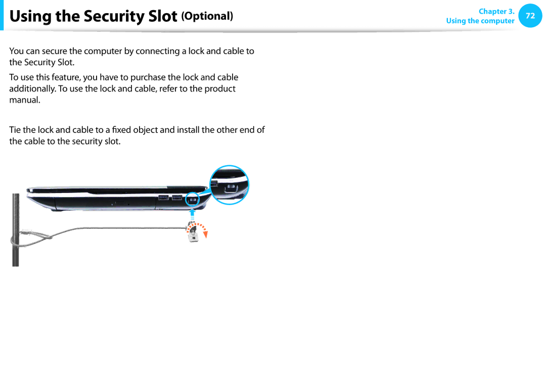 Samsung NP915S3G-K04DE, NP470R5E-X01DE, NP470R5E-X01PT, NP550P7C-S0EDE, NP550P7C-S0CDE manual Using the Security Slot Optional 