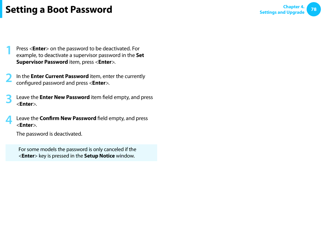 Samsung NP550P7C-S0GDE, NP470R5E-X01DE, NP470R5E-X01PT Deactivating the Password, Supervisor Password item, press Enter 