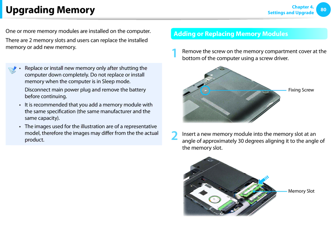 Samsung NP550P7C-S03DE, NP470R5E-X01DE, NP470R5E-X01PT, NP550P7C-S0EDE Upgrading Memory, Adding or Replacing Memory Modules 