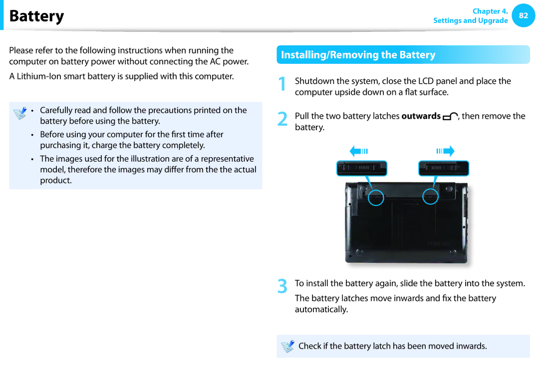 Samsung XE500T1C-H01AT, NP470R5E-X01DE manual Installing/Removing the Battery, Battery again, slide the battery into 