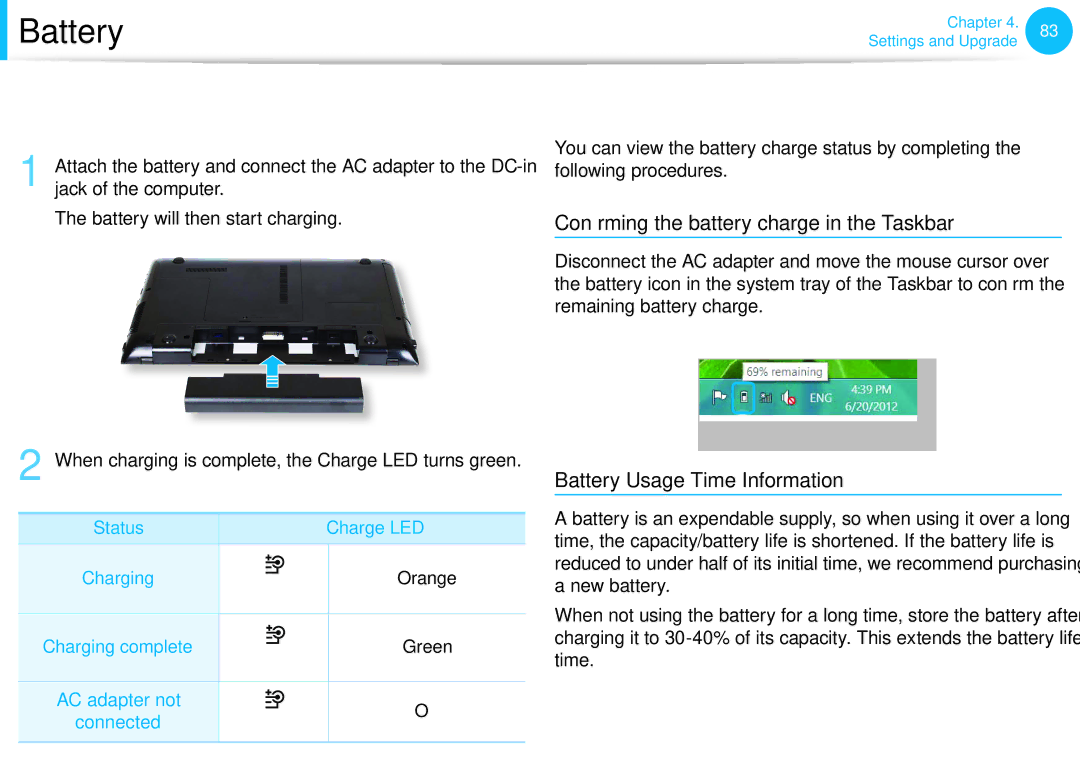 Samsung XE500T1C-H01GR manual Charging the Battery, Measuring the Remaining Battery Charge, Battery Usage Time Information 