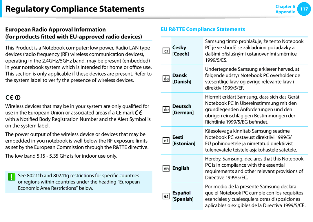 Samsung NP510R5EA01UB manual Česky, Czech, Dansk, Danish, Deutsch, German, Eesti, Estonian, English, Español, Spanish 