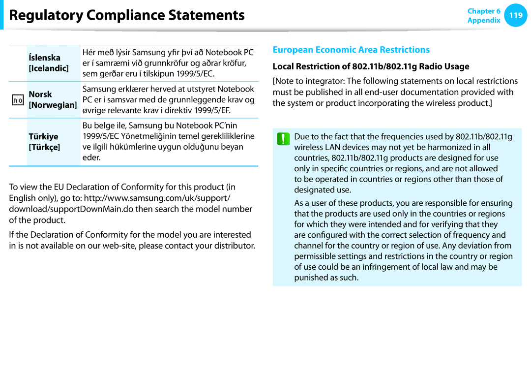 Samsung NP510R5EA01UB manual Íslenska, Icelandic, Sem gerðar eru í tilskipun 1999/5/EC, Norsk, Norwegian, Türkiye 