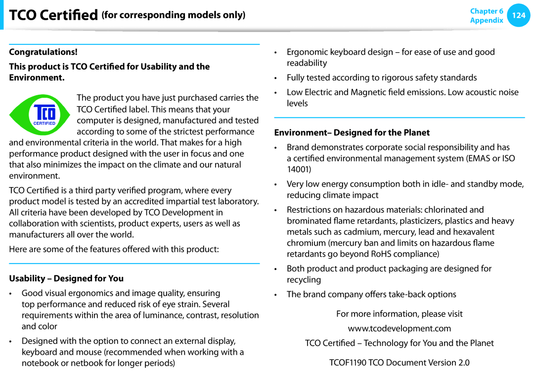 Samsung NP510R5EA01UB manual TCO Certified for corresponding models only, Usability Designed for You 