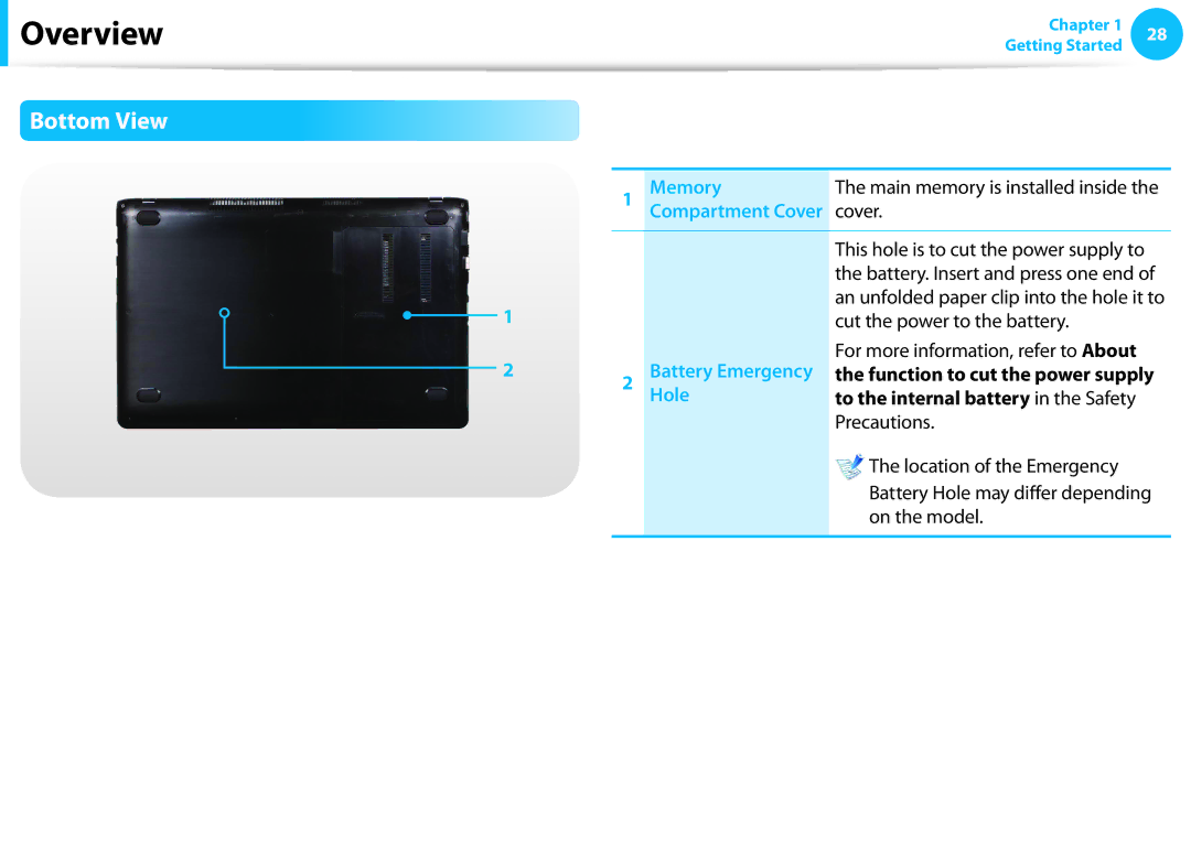 Samsung NP510R5EA01UB manual Bottom View, Memory, Hole, To the internal battery in the Safety 