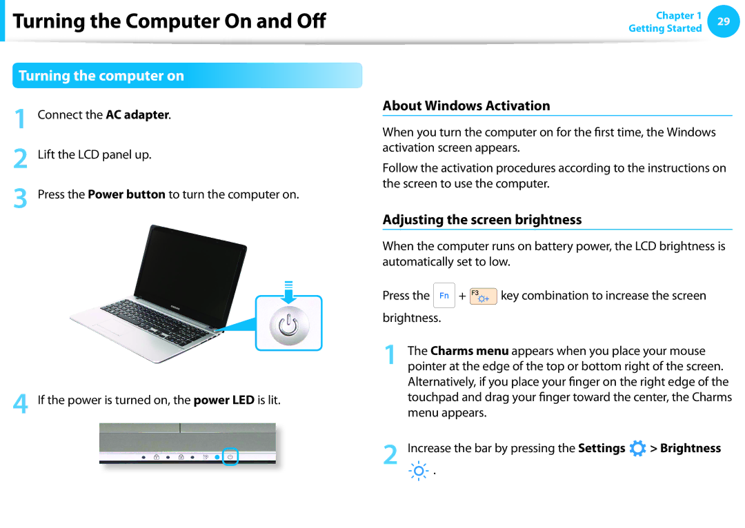 Samsung NP510R5EA01UB manual Turning the Computer On and Off, Turning the computer on, About Windows Activation, Brightness 