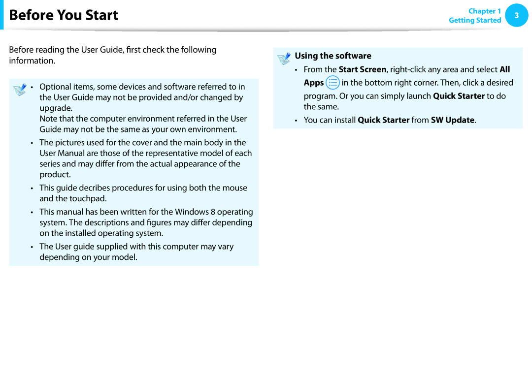 Samsung NP510R5EA01UB manual Before You Start, Using the software 