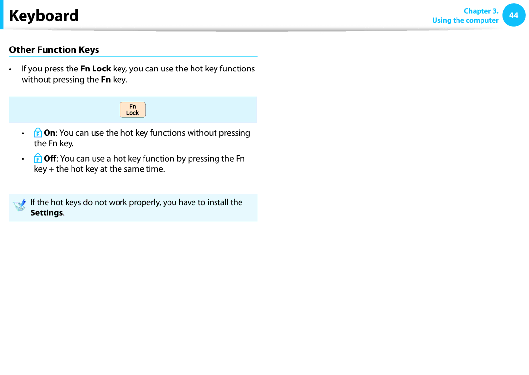 Samsung NP510R5EA01UB manual Other Function Keys, Settings 