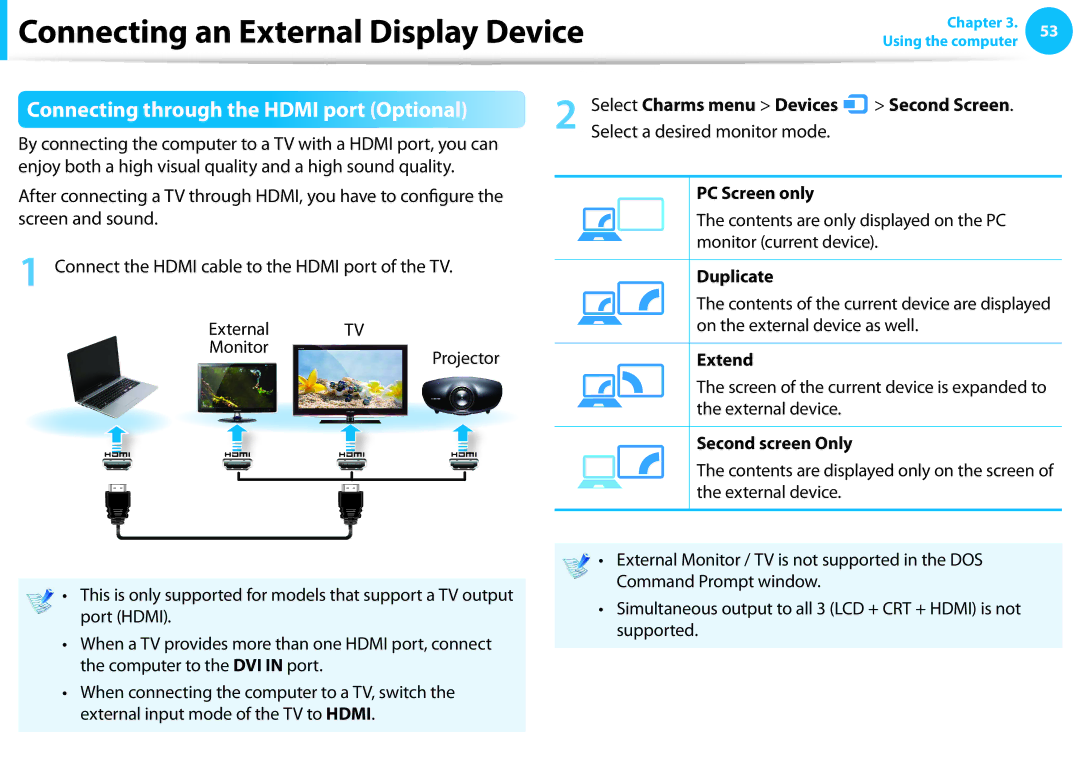 Samsung NP510R5EA01UB manual Connecting through the Hdmi port Optional 