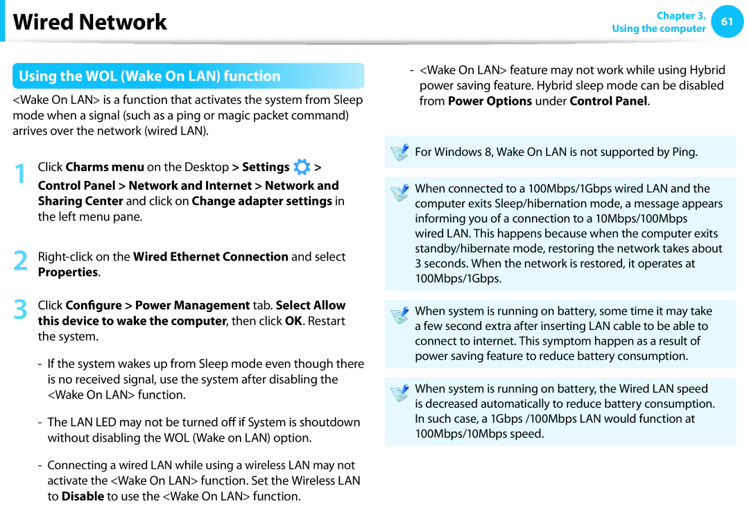 Samsung NP510R5EA01UB manual Using the WOL Wake On LAN function, Left menu pane 