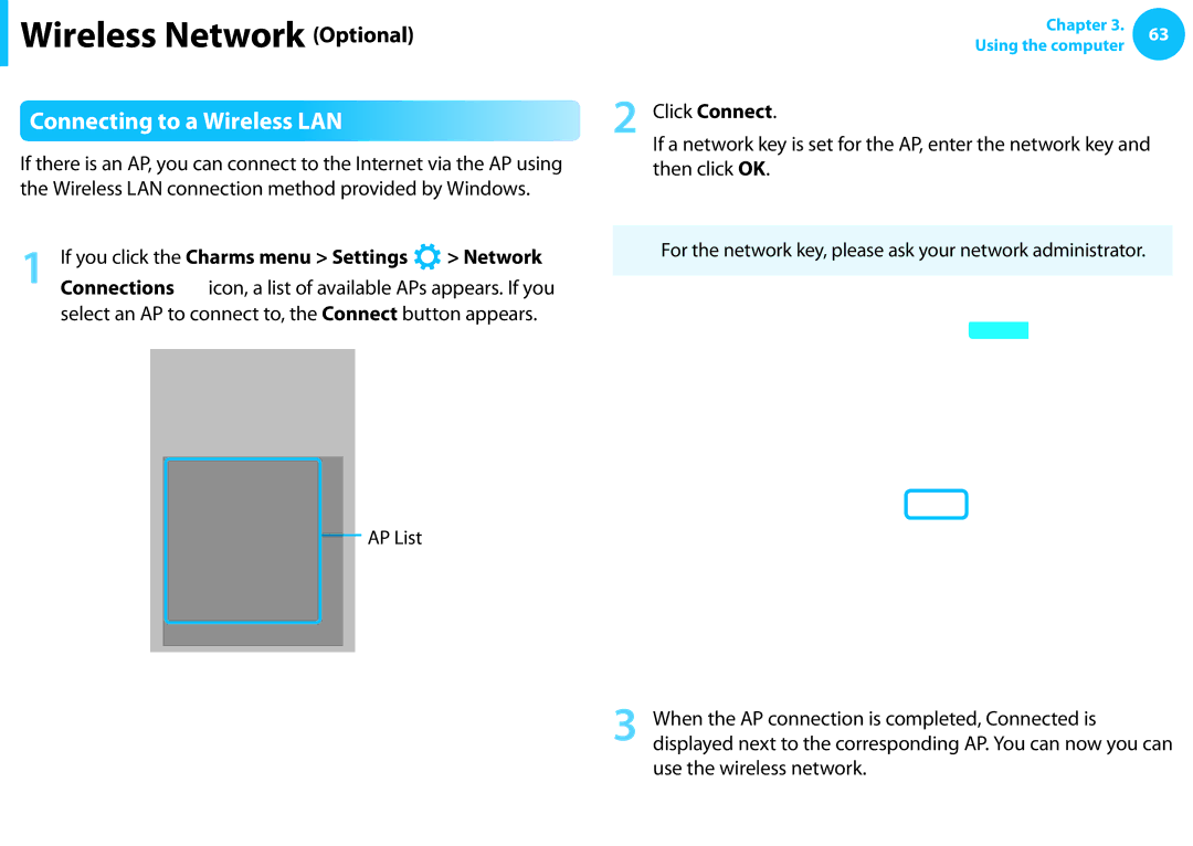 Samsung NP510R5EA01UB manual Connecting to a Wireless LAN, If you click the Charms menu Settings Network 