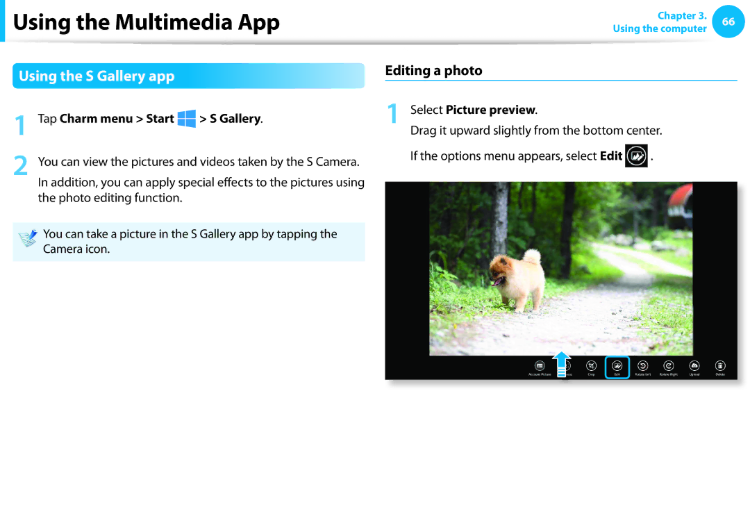 Samsung NP510R5EA01UB manual Using the S Gallery app, Editing a photo, Tap Charm menu Start Gallery, Select Picture preview 