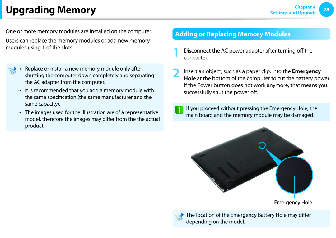 Samsung NP510R5EA01UB manual Upgrading Memory, Adding or Replacing Memory Modules 