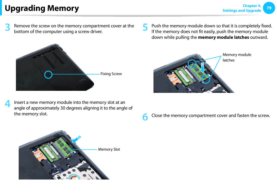 Samsung NP510R5EA01UB manual Down while pulling the memory module latches outward, Memory slot 