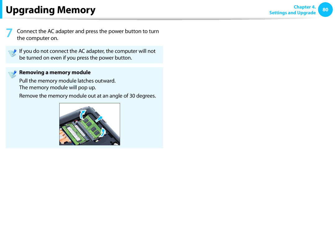 Samsung NP510R5EA01UB manual Removing a memory module, Remove the memory module out at an angle of 30 degrees 