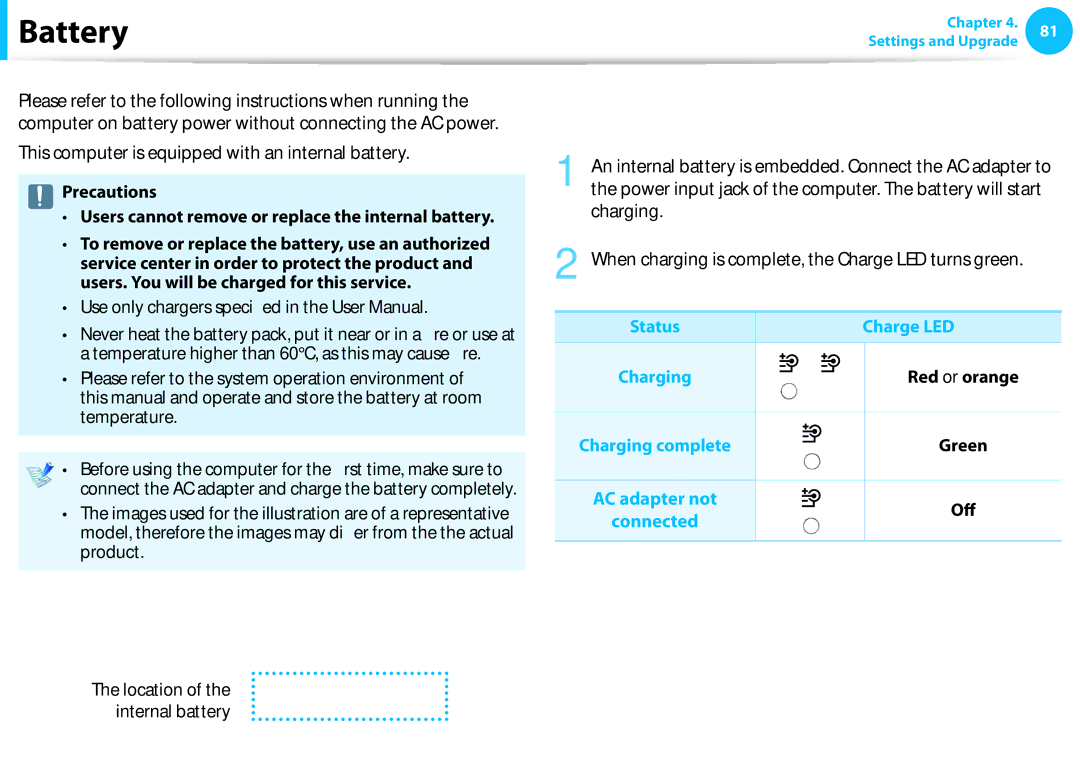 Samsung NP510R5EA01UB manual Charging the Battery, This computer is equipped with an internal battery, Charge LED 