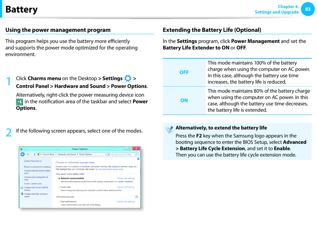 Samsung NP510R5EA01UB manual Using the power management program, Extending the Battery Life Optional, Options 