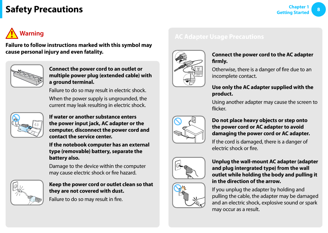 Samsung NP510R5EA01UB manual AC Adapter Usage Precautions, Connect the power cord to the AC adapter firmly 