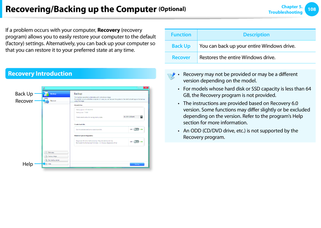 Samsung NP530U3C-A07US, NP535U3C Recovering/Backing up the Computer Optional, Recovery Introduction, Function Description 