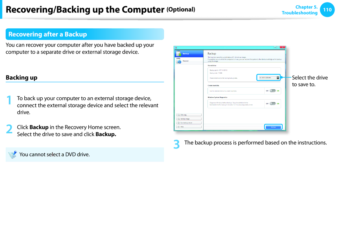 Samsung NP535U3C-A01US, NP530U3B-A02US Recovering after a Backup, Backing up, To save to, You cannot select a DVD drive 