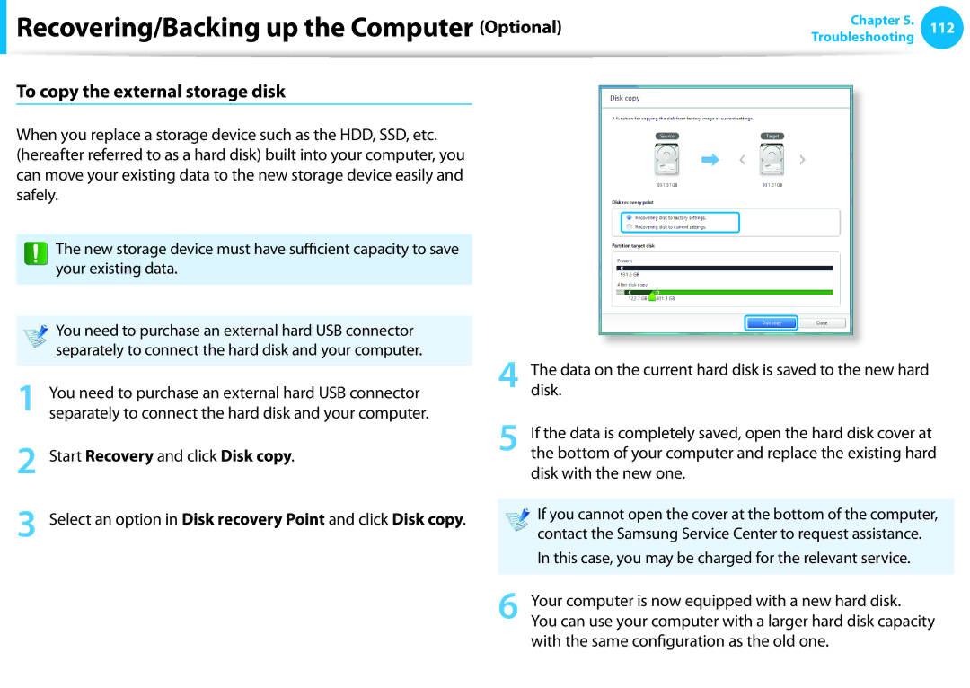 Samsung NP530U3C-A03US, NP530U3B-A02US, NP535U3C manual To copy the external storage disk, Start Recovery and click Disk copy 