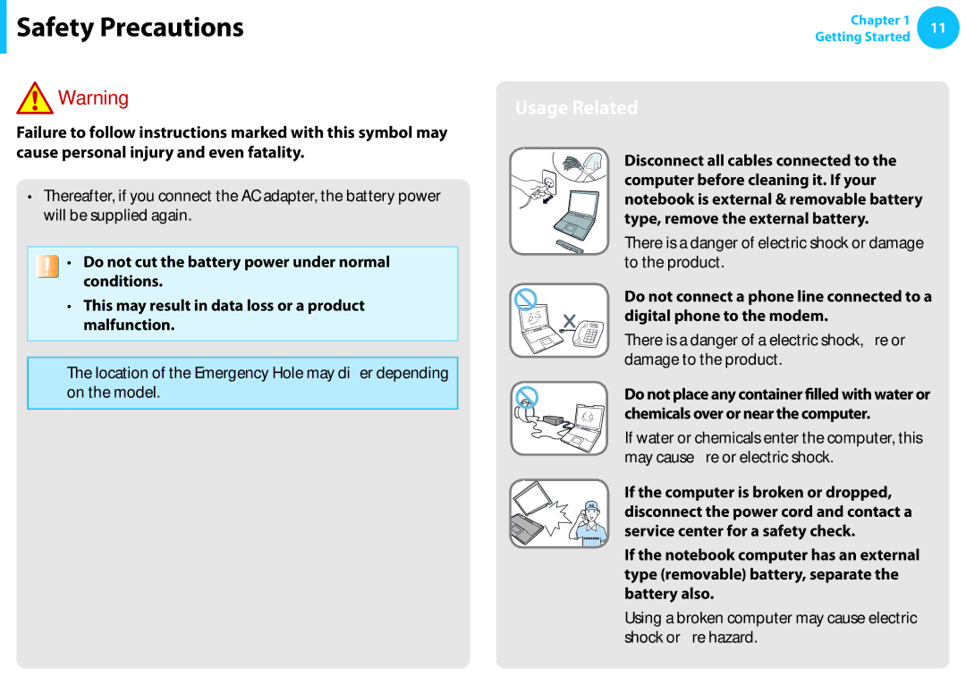 Samsung NP530U3CA03US, NP530U3B-A02US, NP535U3C Usage Related, There is a danger of electric shock or damage to the product 