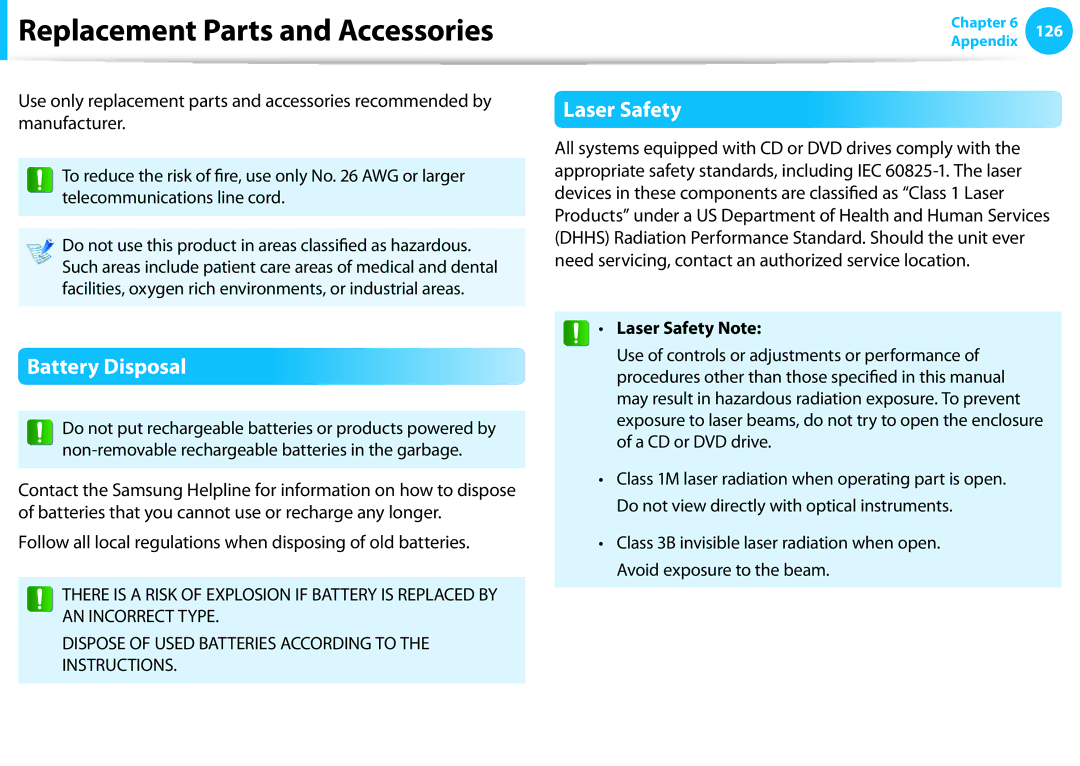 Samsung NP530U3C-A03US, NP530U3B-A02US, NP535U3C Replacement Parts and Accessories, Battery Disposal, Laser Safety Note 