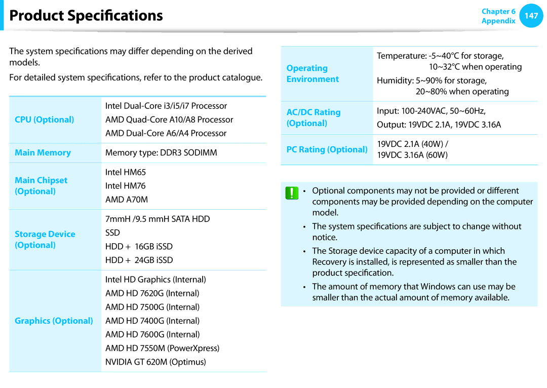 Samsung NP530U3C-A03US, NP530U3B-A02US, NP535U3C, NP530U4CA03JM, NP530U3C-A07US, NP530U3CA03US manual Product Specifications 