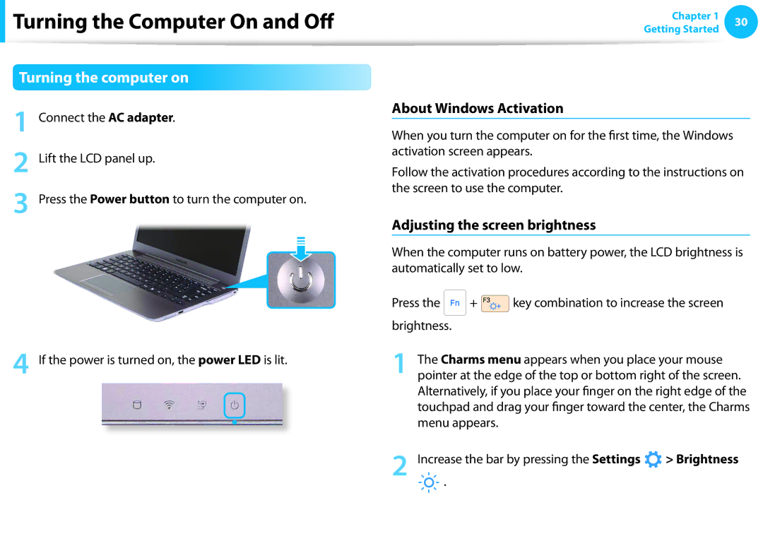 Samsung NP530U4CA03JM manual Turning the Computer On and Off, Turning the computer on, About Windows Activation, Brightness 