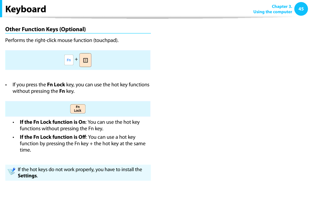 Samsung NP530U3C-A07US Other Function Keys Optional, If the hot keys do not work properly, you have to install, Settings 