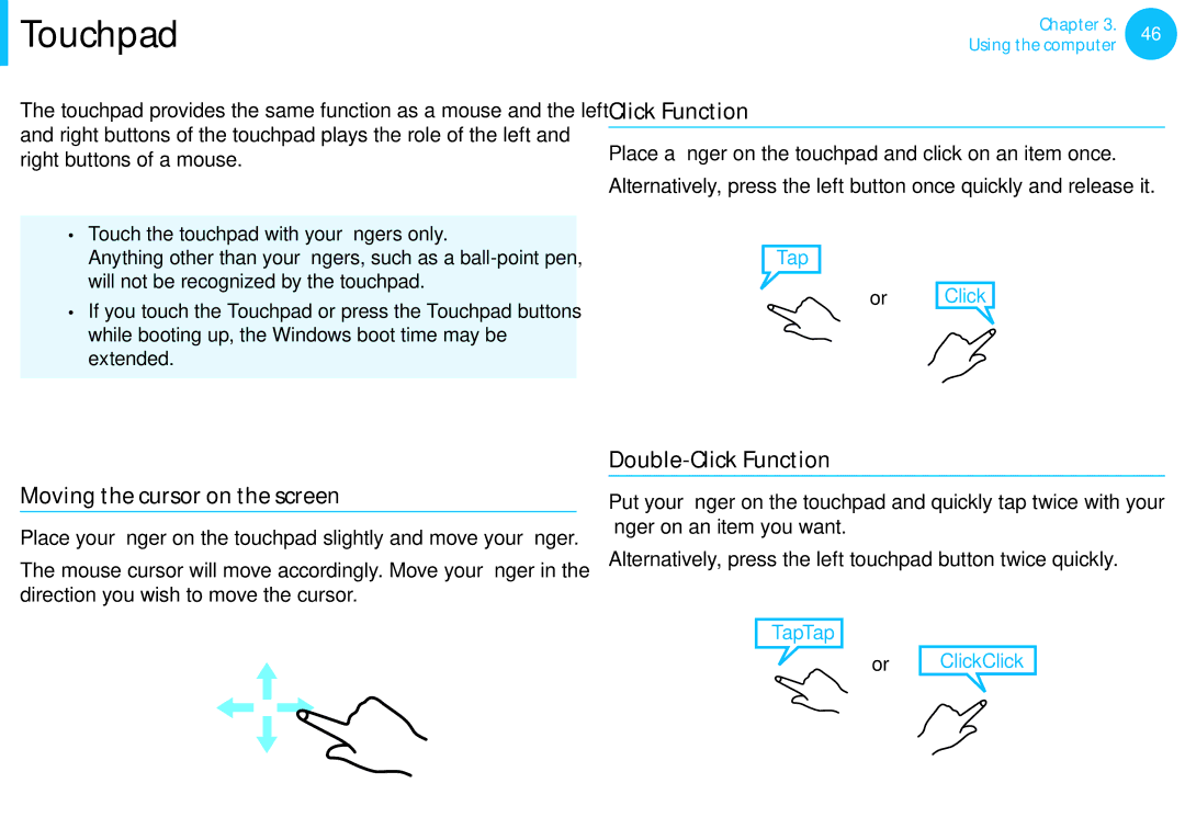 Samsung NP530U3CA03US, NP535U3C Basic Touchpad Functions, Moving the cursor on the screen, Double-Click Function 