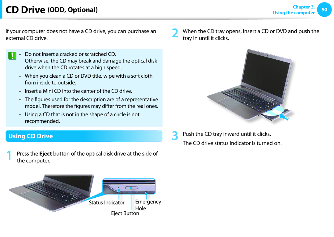Samsung NP535U3C, NP530U3B-A02US, NP530U3C-A03US, NP530U4CA03JM, NP530U3C-A07US manual Using CD Drive, Status Indicator Hole 