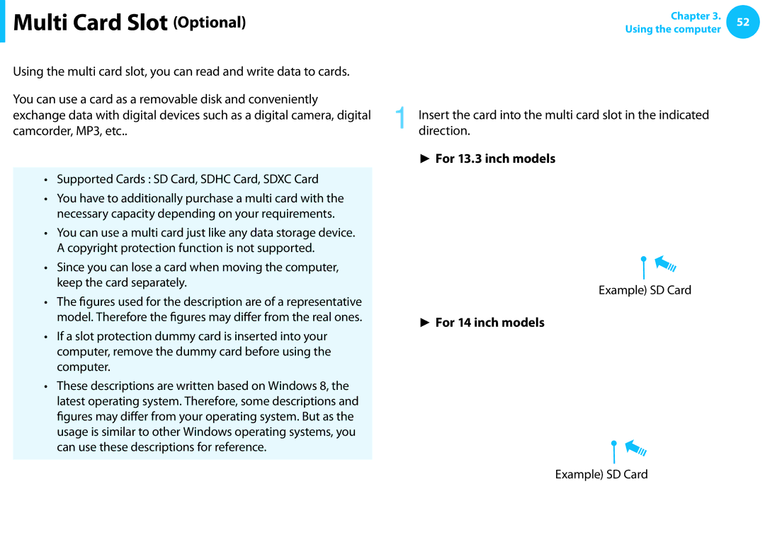 Samsung NP530U3C-A07US Multi Card Slot Optional, Using the card, For 13.3 inch models, Example SD Card, For 14 inch models 