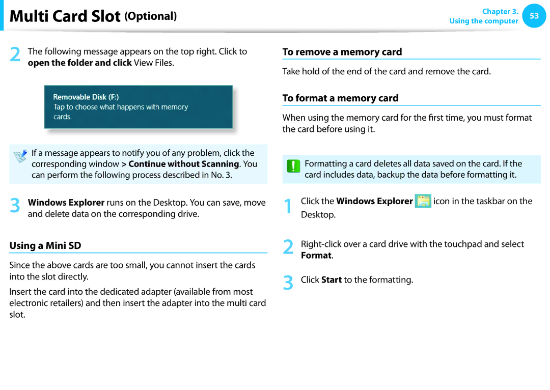 Samsung NP530U3CA03US manual To remove a memory card, To format a memory card, Using a Mini SD, Click the Windows Explorer 