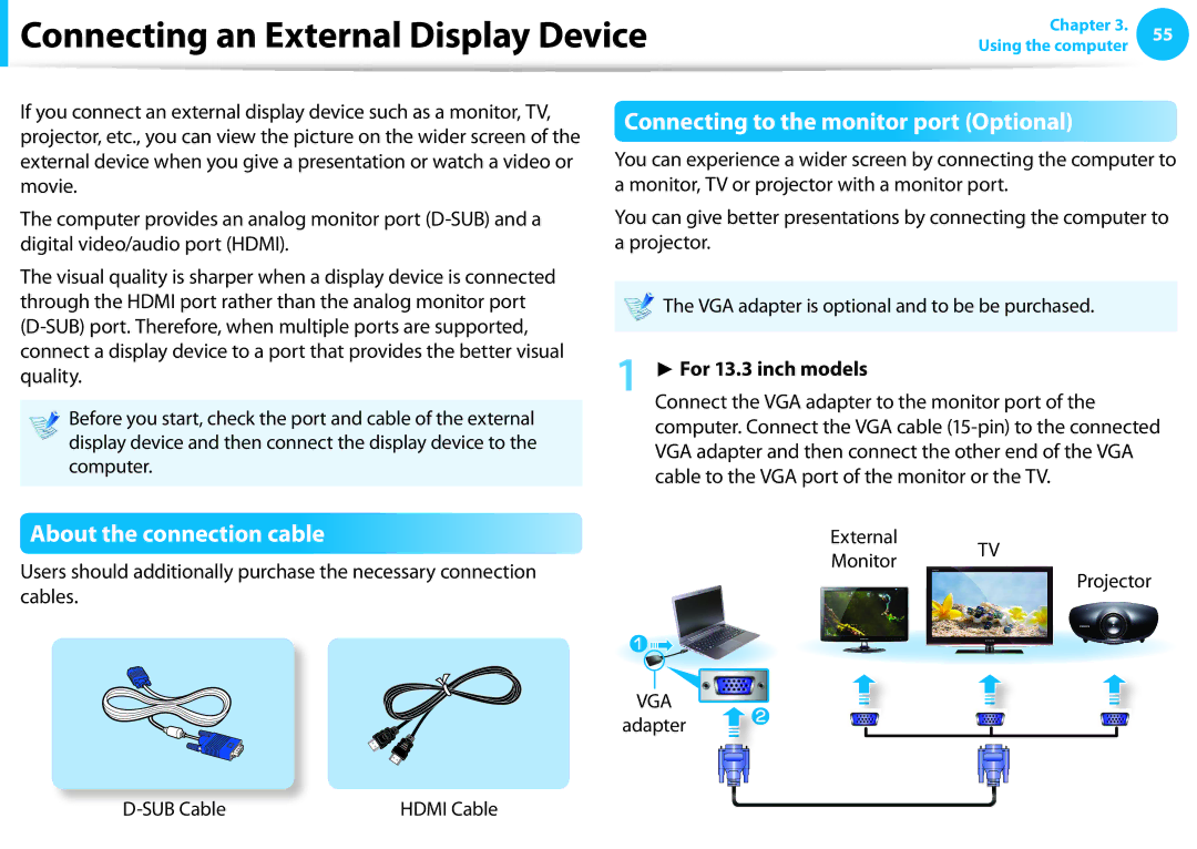 Samsung NP530U3B-A02US Connecting an External Display Device, About the connection cable, External Monitor TV Projector 