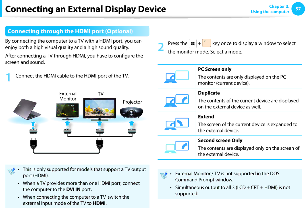 Samsung NP535U3C Connecting through the Hdmi port Optional, Enjoy both a high visual quality and a high sound quality 