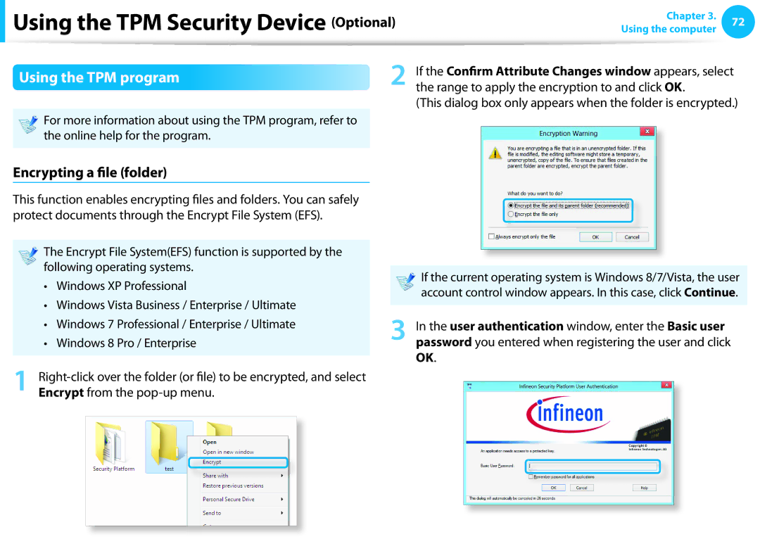 Samsung NP530U4CA03JM, NP530U3B-A02US manual Using the TPM program, Encrypting a file folder, Encrypt from the pop-up menu 