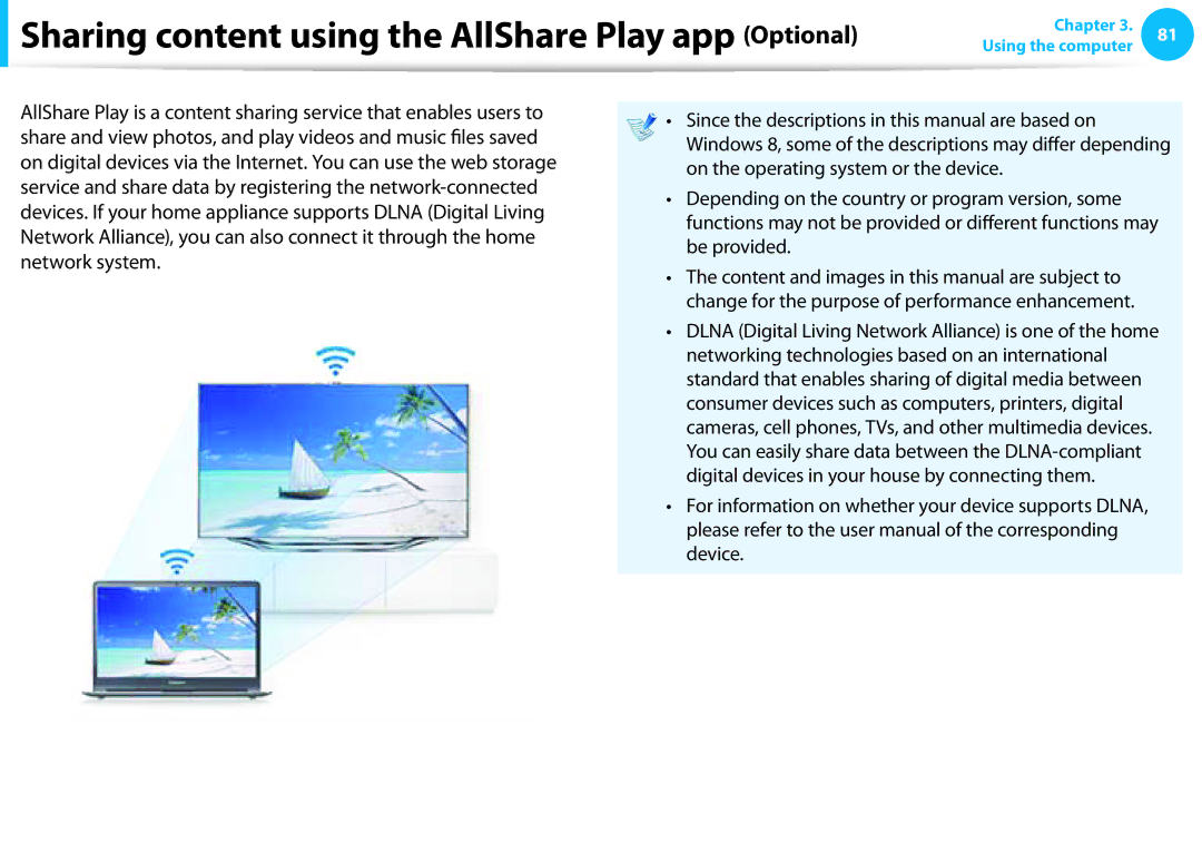 Samsung NP530U3CA03US, NP530U3B-A02US, NP530U3C-A03US, NP535U3C manual Sharing content using the AllShare Play app Optional 