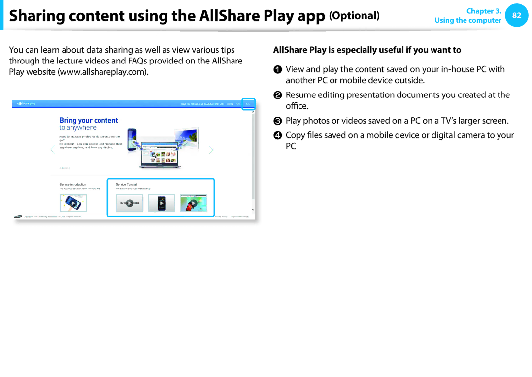 Samsung NP535U3C-A01US, NP530U3B-A02US, NP530U3C-A03US, NP530U4CA03JM manual AllShare Play is especially useful if you want to 
