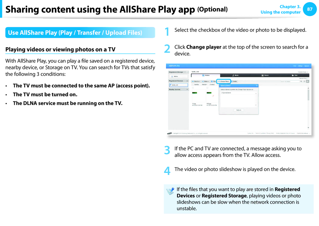 Samsung NP530U3C-A07US manual Use AllShare Play Play / Transfer / Upload Files, Playing videos or viewing photos on a TV 