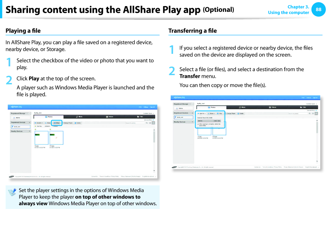 Samsung NP530U3CA03US, NP530U3B-A02US, NP530U3C-A03US, NP535U3C manual Playing a file, Transferring a file, Transfer menu 