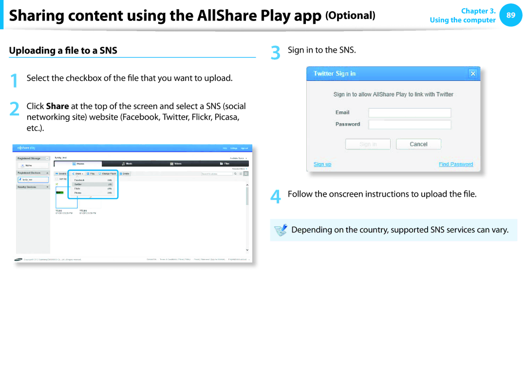 Samsung NP535U3C-A01US, NP530U3B-A02US manual Uploading a file to a SNS, Follow the onscreen instructions to upload the file 