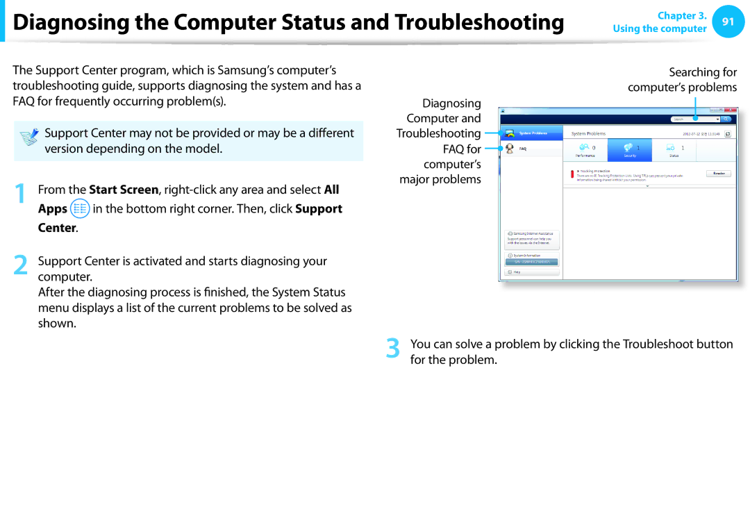 Samsung NP530U3C-A03US, NP530U3B-A02US, NP535U3C, NP530U4CA03JM Diagnosing the Computer Status and Troubleshooting, Center 