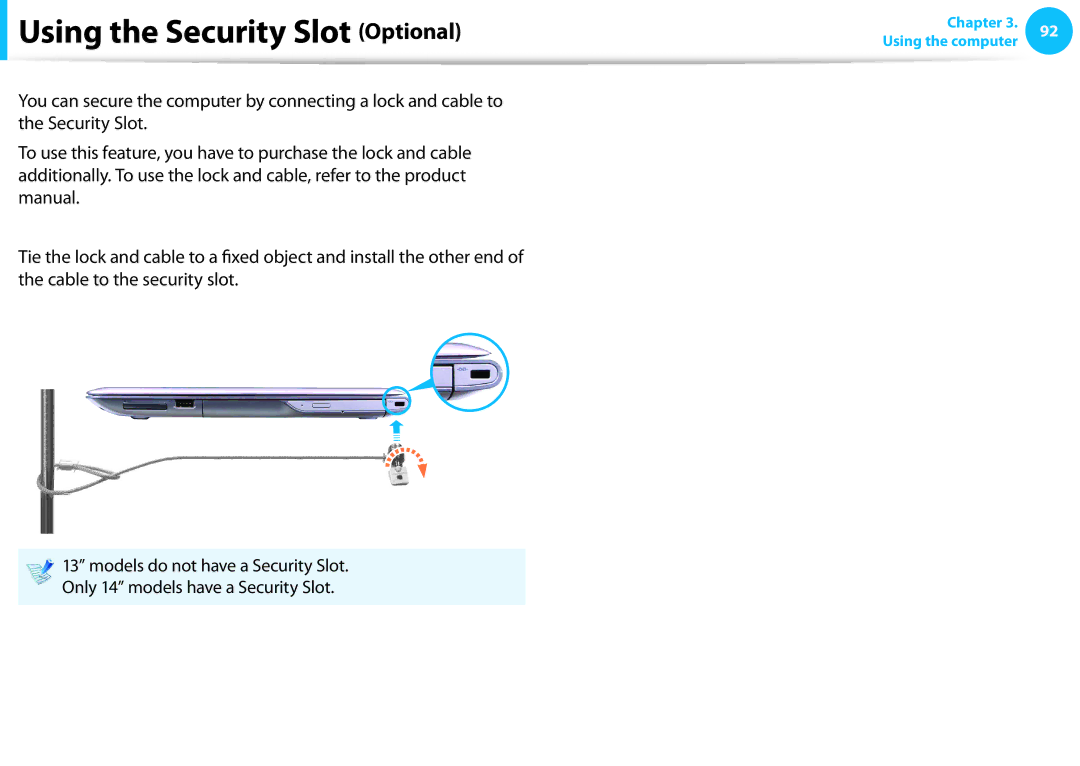 Samsung NP535U3C, NP530U3B-A02US, NP530U3C-A03US, NP530U4CA03JM, NP530U3C-A07US manual Using the Security Slot Optional 