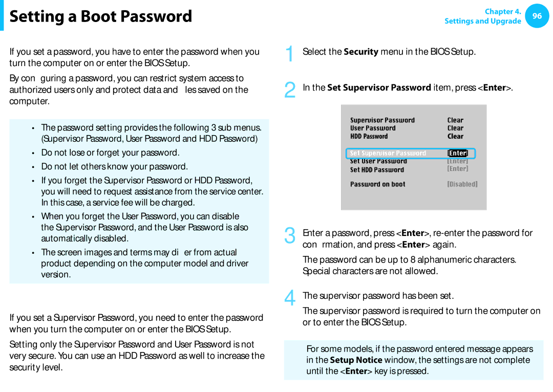 Samsung NP535U3C-A01US, NP530U3B-A02US, NP530U3C-A03US, NP530U4CA03JM Setting a Boot Password, Setting a Supervisor Password 