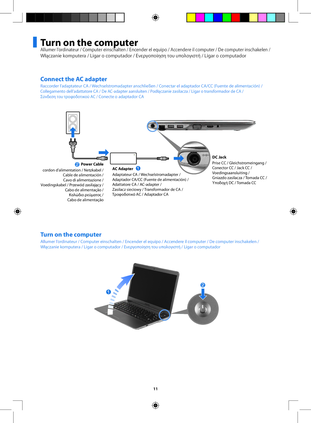 Samsung NP535U4X-A01VN manual Turn on the computer, Connect the AC adapter, Power Cable AC Adapter z 