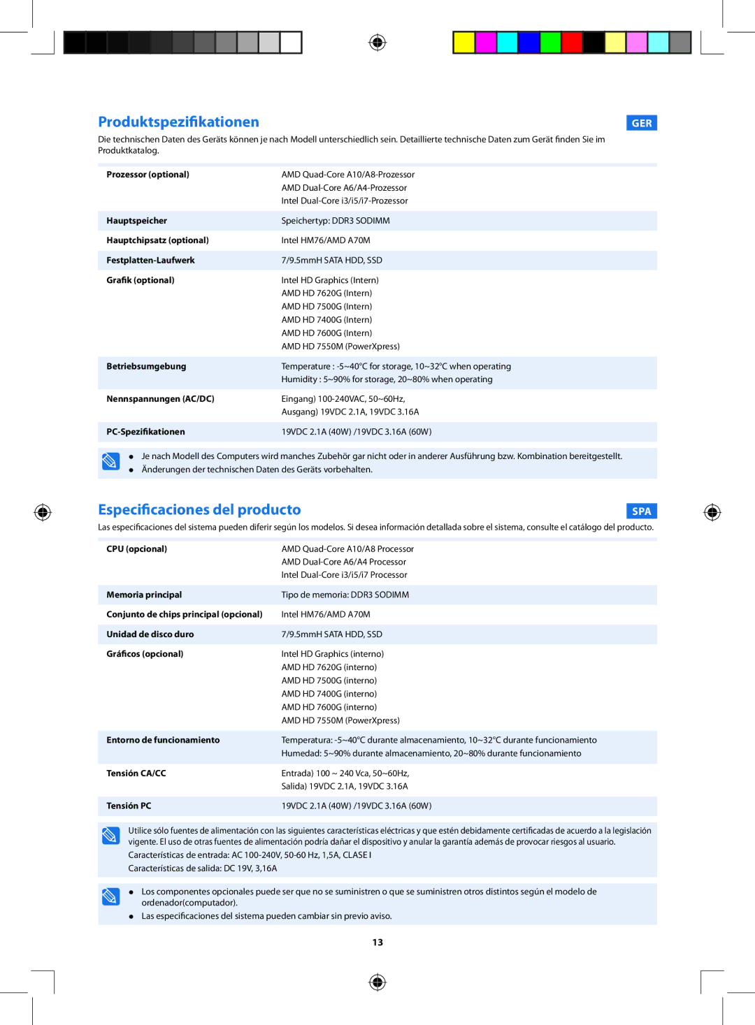 Samsung NP535U4X-A01VN manual Produktspezifikationen, Especificaciones del producto, Ger, Spa 